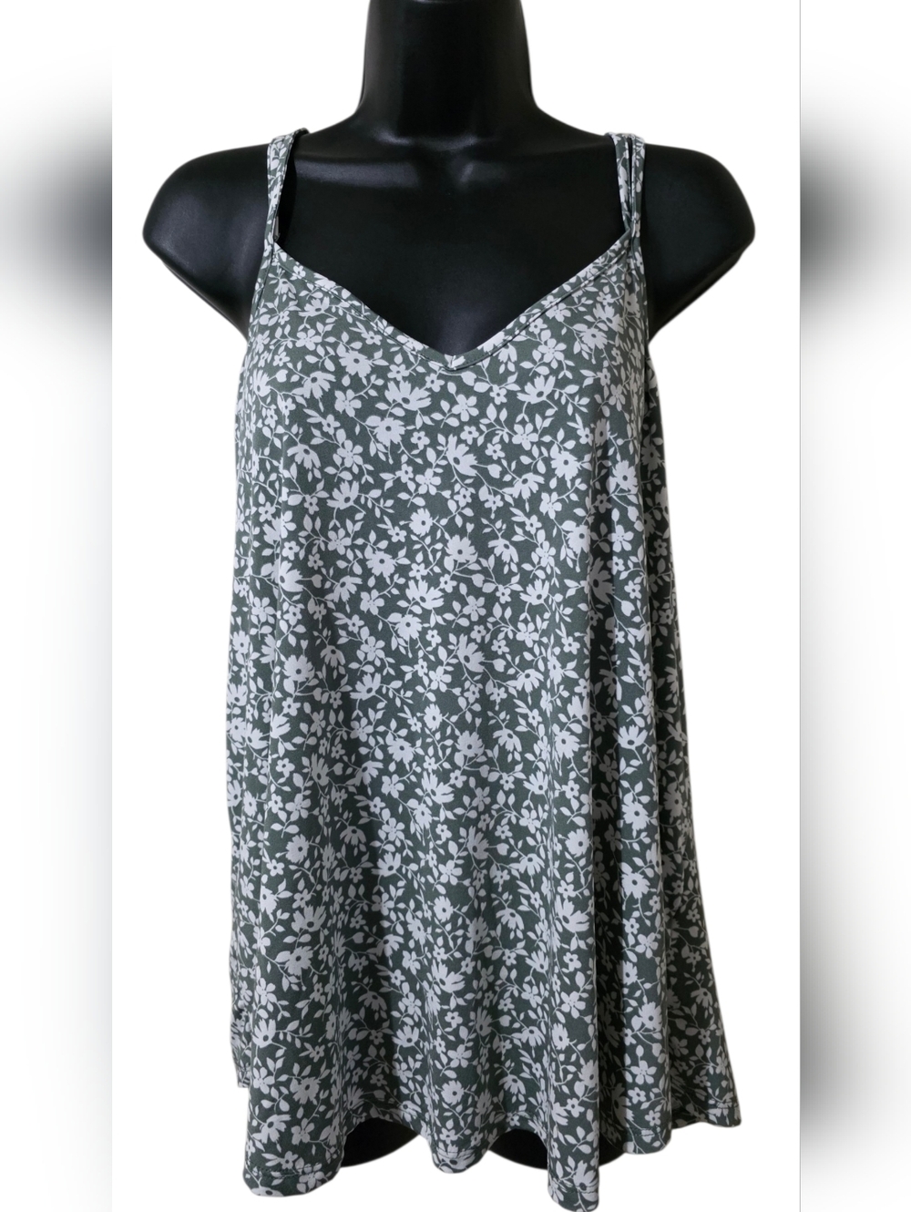 Papermoon Green and White Floral V-Neck Tanktop With Crisscross Straps